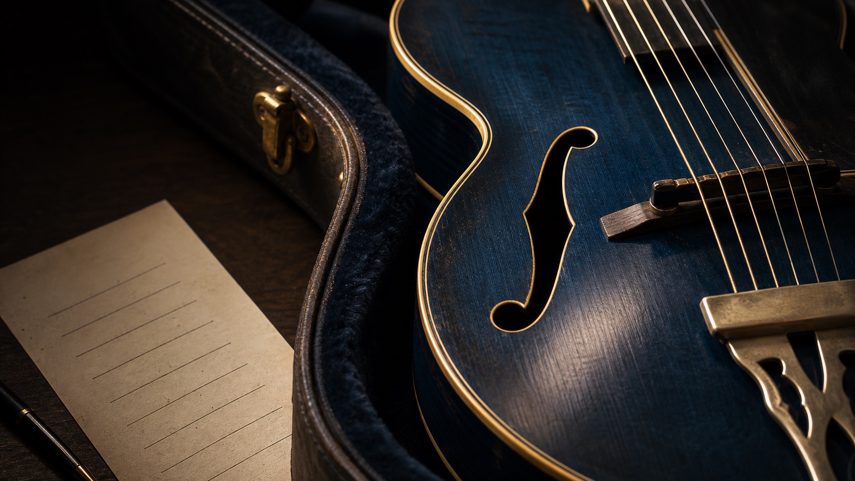 Close detail of a blue archtop guitar, case lining, bridge, f-hole, and blank ranking paper.