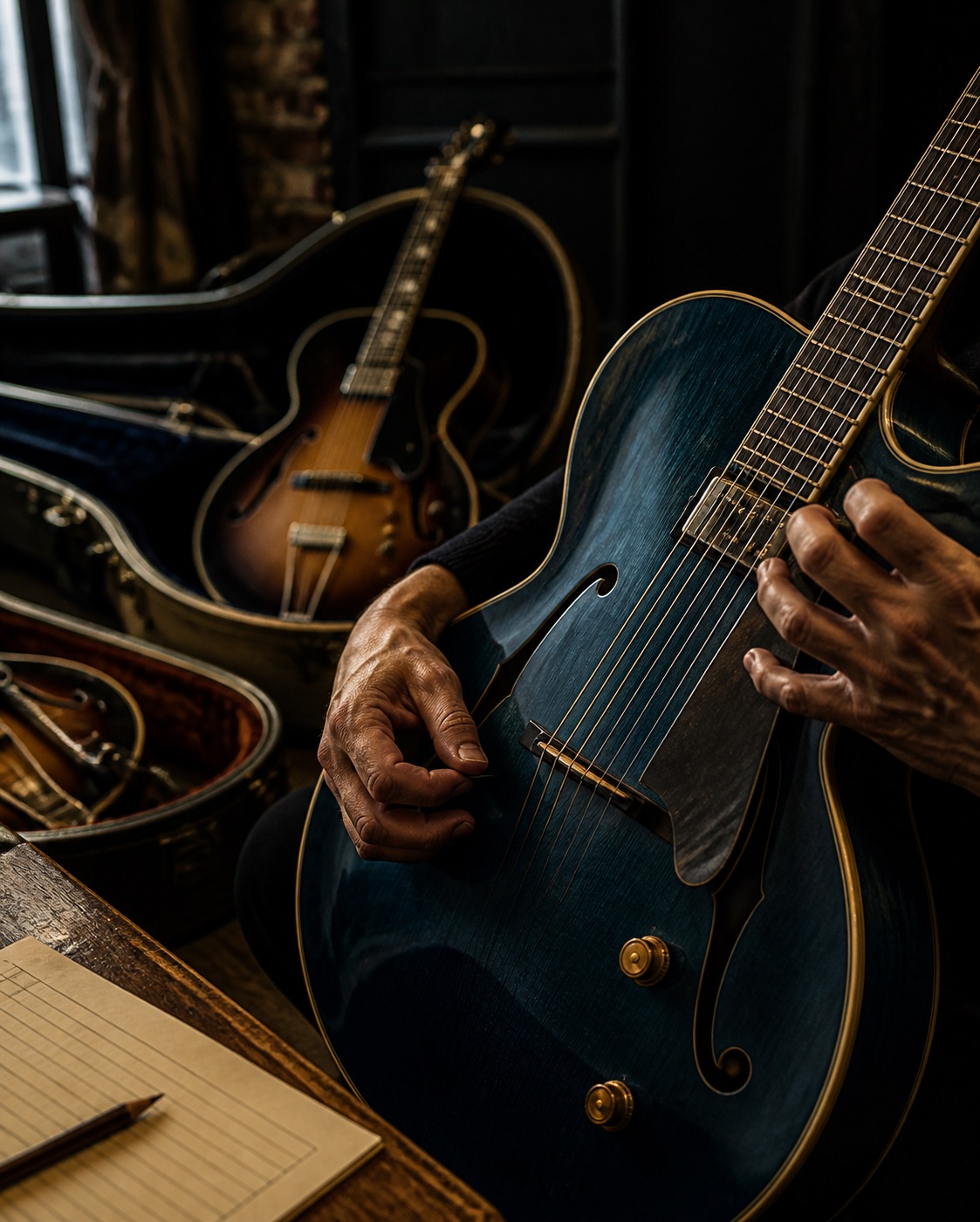 A player testing a deep blue archtop guitar beside open cases and a blank ranking ballot.